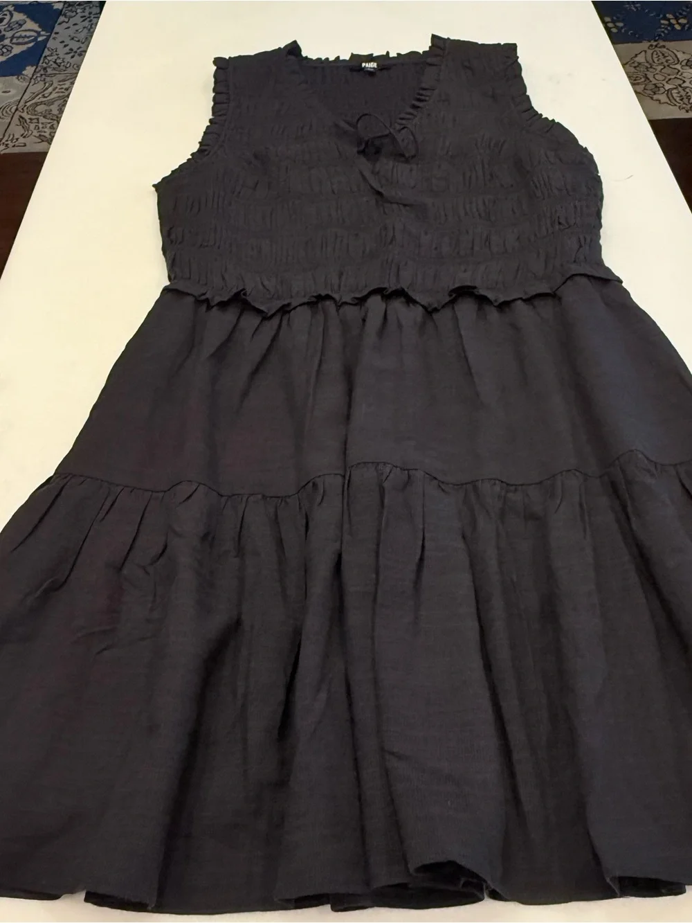 Paige Fraise Sleeveless Smocked Mini Dress Black Tie Front Lined Size L  NWOT
